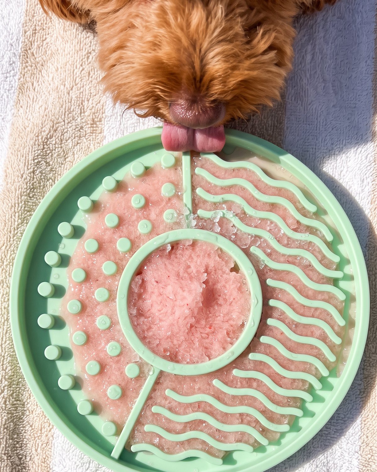 A dog licking a frozen Puptail on the Society Mat
