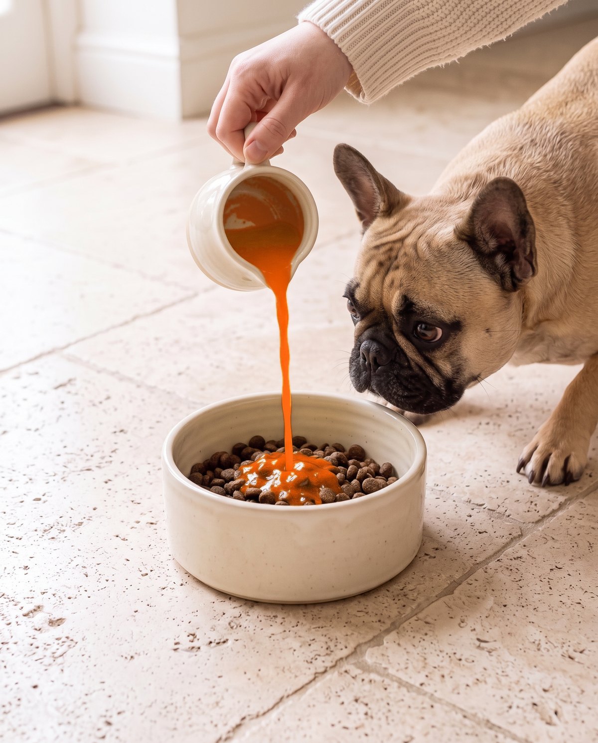A French bulldog watching a Puptail poured over dinner