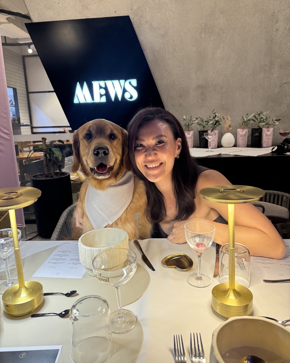 Bentley at the table with a guest
