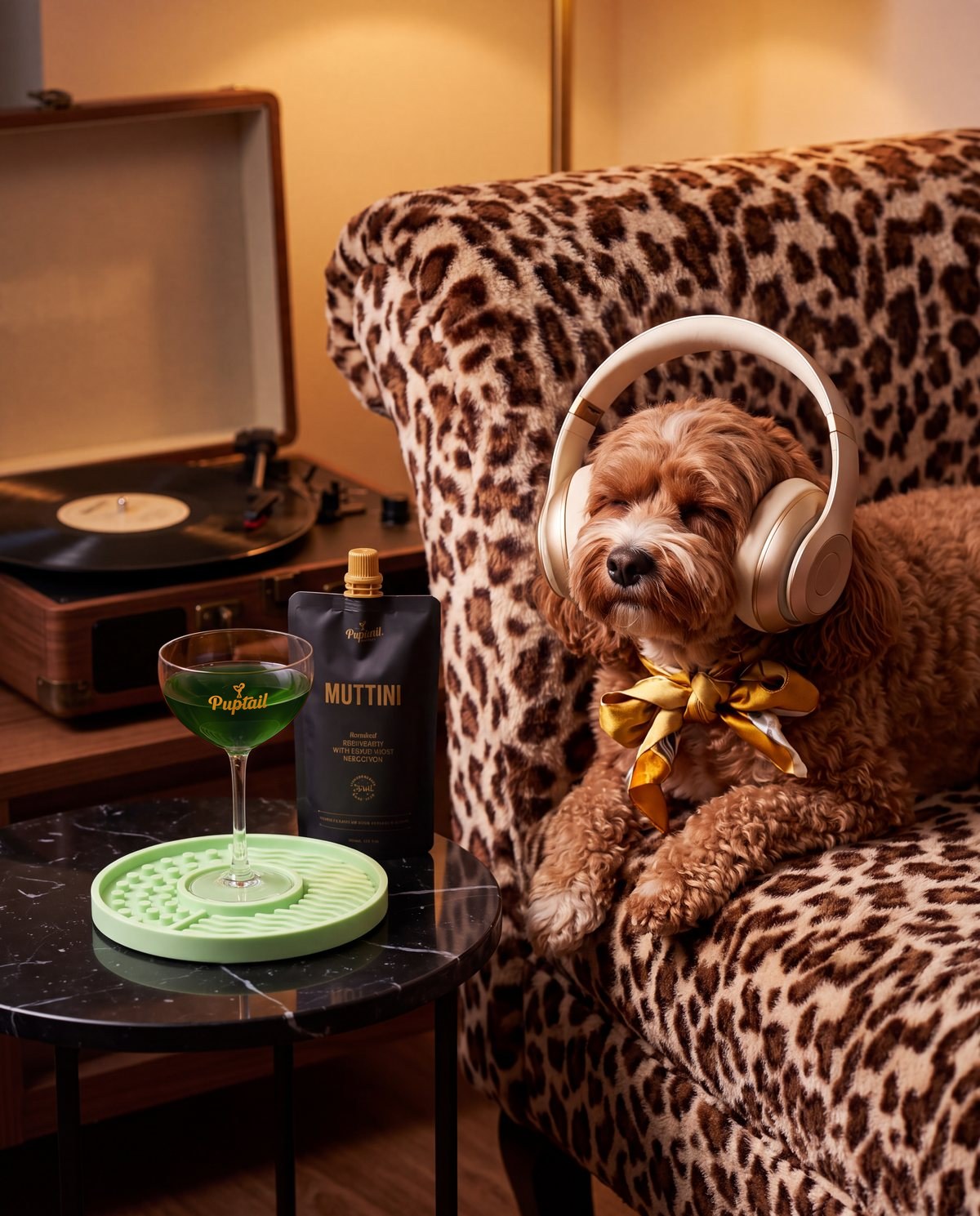 Khaleesi in headphones, listening to the Yappy Hour playlist with a Muttini